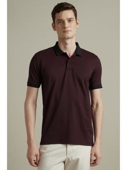 Louis Philippe - Men's Maroon Geometric Printed Polo T-shirt with Contrast Collar