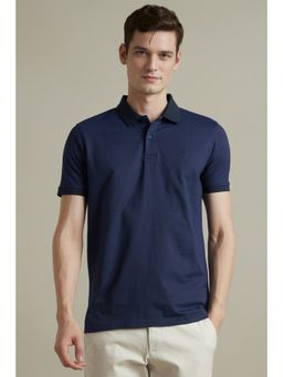 Louis Philippe - Men's Navy Geometric Printed Polo T-shirt with Contrast Collar