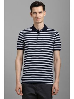 Louis Philippe - Men Navy Blue Cotton Collar Neck Polo T-Shirt