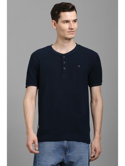 Louis Philippe - Men Navy Blue Cotton Henley Neck T-Shirt