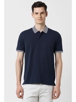 Peter England - Men Navy Blue Cotton Blend Collar Neck Polo T-Shirt