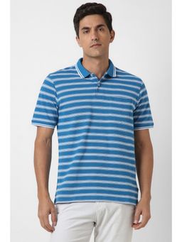 Peter England - Men Blue Cotton Collar Neck Polo T-Shirt