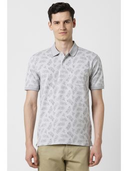 Peter England - Men Grey Cotton Blend Collar Neck Polo T-Shirt