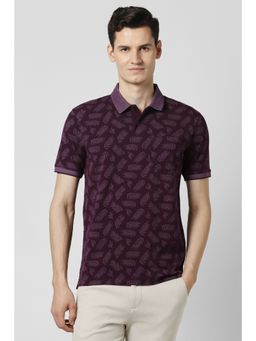 Peter England - Men Purple Cotton Blend Collar Neck Polo T-Shirt