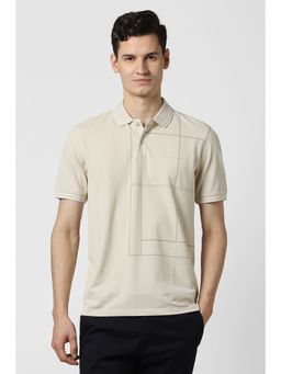 Peter England - Men Beige Cotton Blend Collar Neck Polo T-Shirt