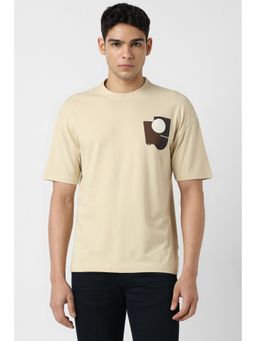 Van Heusen - Men Beige Cotton Blend Crew Neck T-Shirt