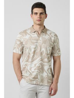 Van Heusen - Men Beige Cotton Collar Neck Polo T-Shirt