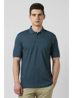 Van Heusen - Men Blue Cotton Blend Collar Neck Polo T-Shirt