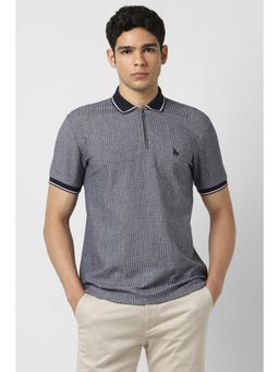 Van Heusen - Men Navy Blue Cotton Blend Collar Neck Polo T-Shirt