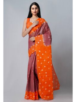 Unnati Silks - Brown Orange Pure Bandhani Kota Cotton Saree with Unstitched Blouse