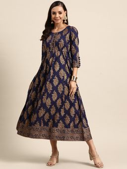 Gerua By Libas - Navy Blue Printed Viscose Rayon Fit and Flare Dress