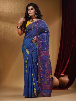 Arhi - Sapphire Blue Cotton Handwoven jamdhani Saree with Multicolor Floral Designs