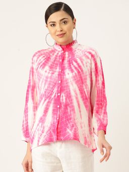 Maaesa - Pink White Frill Neck Loose Fit Shirt