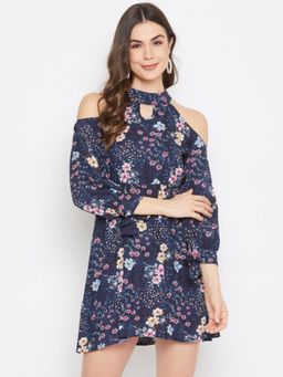 DELAN - Navy Blue Floral Print Halter Neck A-Line Mini Dress