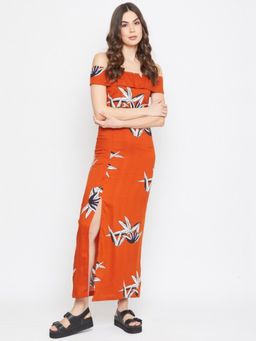 DELAN - Orange Tropical Printed Off Shoulder Maxi Dress