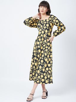 DELAN - Black Floral Print Full Sleeve A-Line Midi Dress