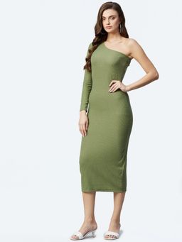 DELAN - Green One Shoulder Bodycon Midi Dress
