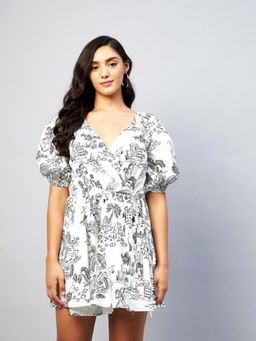 DELAN - White Abstract Printed Cotton Fit and Flare Mini Dress