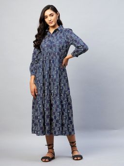 DELAN - Navy Blue Geometeric Printed Shirt Collar Flare Midi Dress