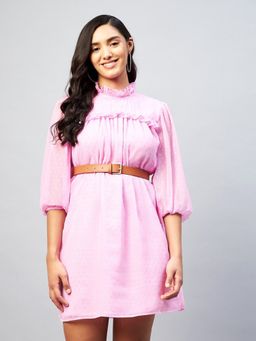 DELAN - Pink High Neck A-Line Dress with Belt
