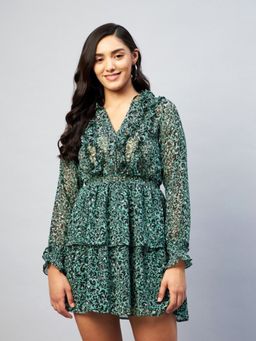 DELAN - Green Floral Georgette Mini Dress