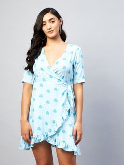 DELAN - Blue Floral Printed V-Neck Wrap Dress
