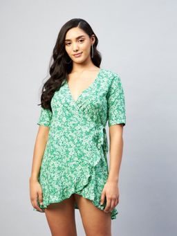 DELAN - Green Floral Printed V-Neck Wrap Dress