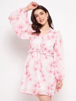 DELAN - Pink Floral Printed V-Neck Ruffled And Tie-Up Chiffon Fit And Flare Dress