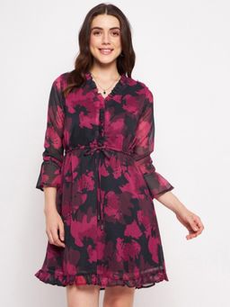 DELAN - Black Floral Print Three Fourth Sleeve Ruffled Chiffon A-Line Dress