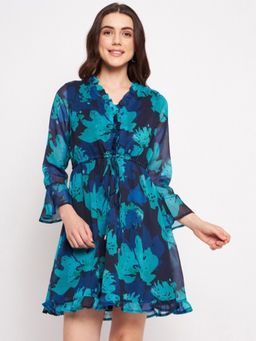 DELAN - Green Floral Print Three Fourth Sleeve Ruffled Chiffon A-Line Dress