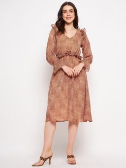 DELAN - Brown Animal Printed Puff Sleeve Ruffled Chiffon Fit And Flare Dress