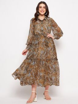 DELAN - Beige Animal Printed Ruffled Chiffon Tiered Fit And Flare Maxi Dress with Belt