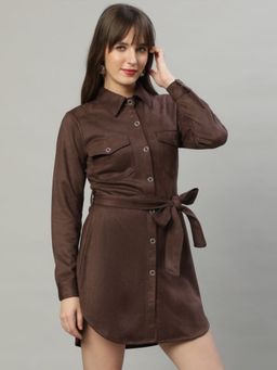 DELAN - Brown Shirt Collar Mini Shirt Dress with Belt