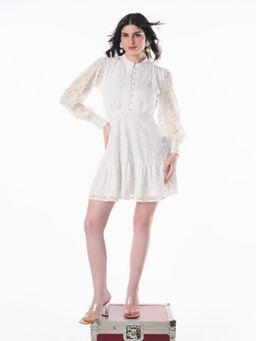 DELAN - White Women Ruffled Lace Fit And Flare Mini Dress