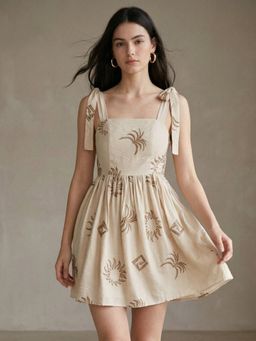 Outzidr - Beige Shoulder Tie-Up Printed Dress