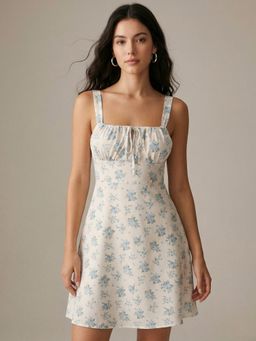 Outzidr - White Shoulder Strap Printed Dress