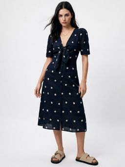 Outzidr - Navy Blue Short Sleeve Printed Slit Dress