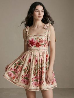 Outzidr - Multi-Color Shoulder Straps Printed Tie Up Straps Dress