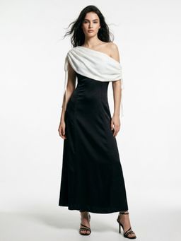 Outzidr - Black Draped Neckline Fit And Flare Dress