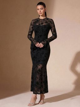 Outzidr - Black Full Sleeve Lace Detail Dress