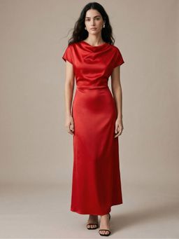 Outzidr - Red Drapey Evening Wear Dress