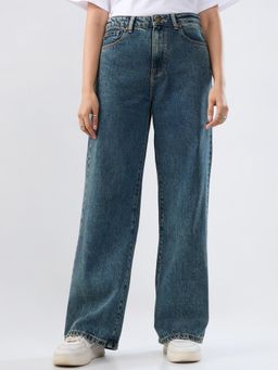 Spykar - Blue Solid Wide Leg High Rise Jeans