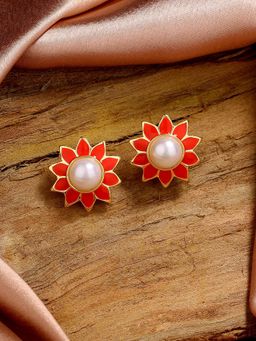 Estele - Gold Tone Floral Pearl Stud Earrings with Red Enamel for Women