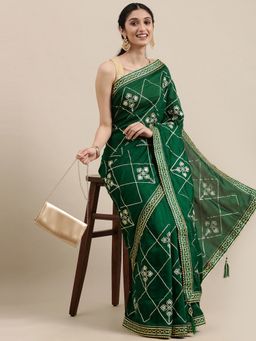 Vastranand - Green & Golden Ethnic Motifs Gotta Patti Art Silk Saree with Unstitched Blouse