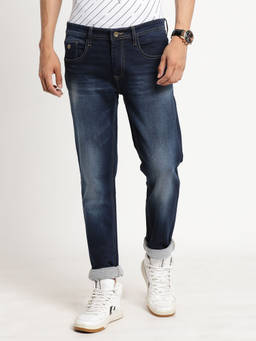 Turtle - Men Cotton Stretch Solid Dark Blue Jeans