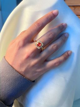 I Jewels - Gold Plated Red AD and White Cubic Zirconia Studded Adjustable Finger Ring