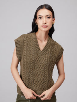 Twenty Dresses by Nykaa Fashion - Olive Green Solid V Neck Short Sweater Vest