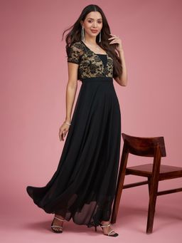 Miss Chase - Women's Black Square Neck Raglan Self Design Georgette Maxi Dress