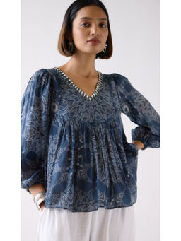 Basanti Kapde aur Koffee - Blue Muslin Abstract Print Top