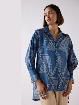 Basanti Kapde aur Koffee - Blue Muslin Abstract Print Shirt